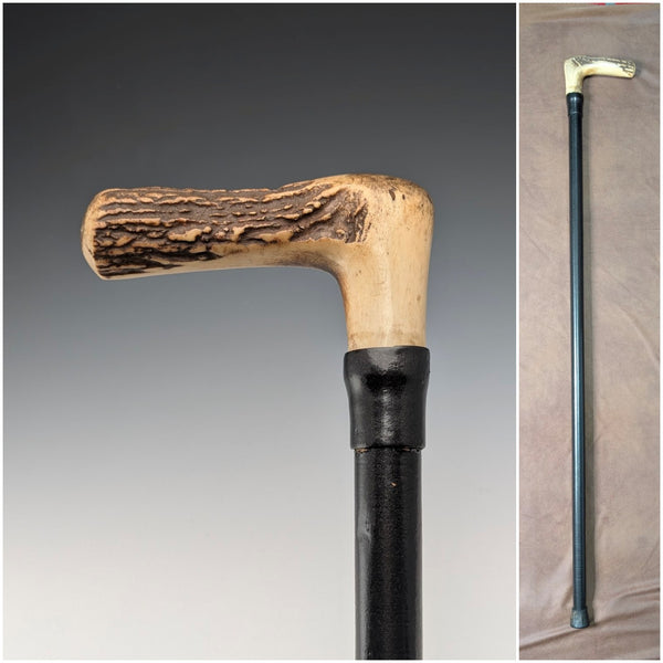 19 世紀晚期英國古董黑色桿手杖,配馬尺,鹿角手柄,93 厘米